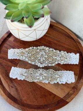 Embellished White Lace Bridal Garter Set with Crystal Appliqué